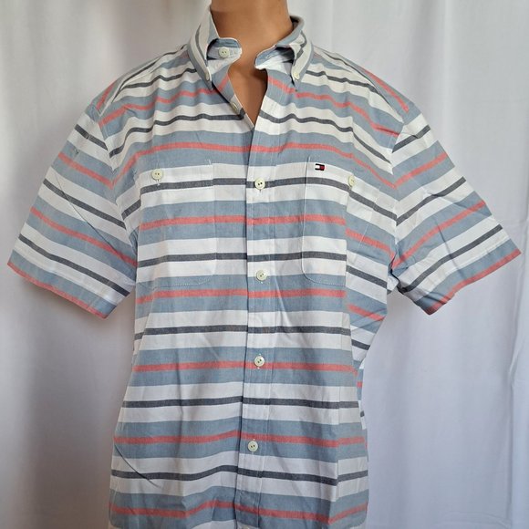 NWOT TOMMY HILFIGER MEN SHIRT Size M striped SHORT SLEEVES COLLAR BUTTON - Picture 1 of 11